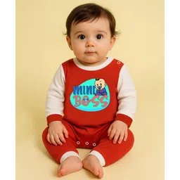 The Peppy Tend 100% Cotton Knit Full Sleeves Mini Boss Text Printed Romper - Red & White-image-41