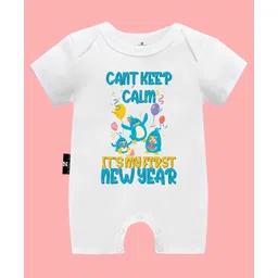The Peppy Tend 100% Cotton New Year Theme Half Sleeves Cant Keep Calm Its My First New Year Text Printed Romper - White-picture-25