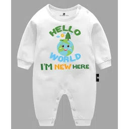 The Peppy Tend Full Sleeves Hello World Im New Here Text & Earth Printed Unisex Romper - White-picture-14