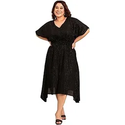 the pink moon Women's Maxi Plus Size Black and Gold Lurex Dress with Waist Smocking Dress - (DRS_SMKING_GOLDLX)-picture-36