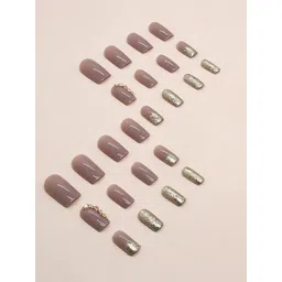 The Pink Truck Set Of 24 Reusable Nails -Beige Glitter Honey With Stones Design-image-42