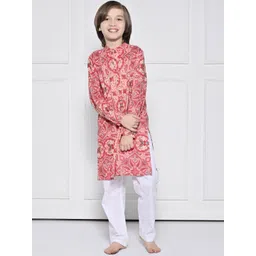 THE PONY & PEONY CO. Boys Ethnic Motifs Printed Band Collar Pure Cotton Kurta With Pyjamas-picture-27