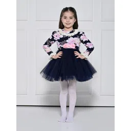 THE PONY & PEONY CO. Girls Cotton Navy Blue Rose Floral Print Fit & Flare Dress-picture-28