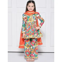 THE PONY & PEONY CO. Girls Floral Printed Cotton Kurta with Palazzos & Dupatta-picture-31