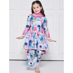 THE PONY & PEONY CO. Girls Floral Printed Cotton Kurta with Palazzos & Dupatta image 1