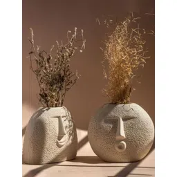 The Purple Tree 2Pcs Off White Textured Ceramic Face Flower Vases-picture-14