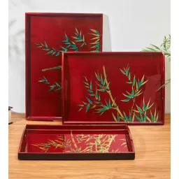 the quirk box (Set of 3) MDF Scarlet Bamboo Hand-Painted Lacquer Tray (Multicolour)-picture-40