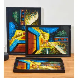 the quirk box (Set of 3) MDF Starry Night Street Art Hand-Painted Lacquer Tray (Multicolour)-picture-35