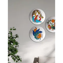 THE QUIRKY HOME 3-Pcs Blue & Yellow Warli Printed Ceramic Wall Plates-picture-32