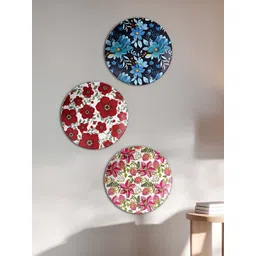 THE QUIRKY HOME 3 Pieces Red & Blue Garden Wall Medallions Printed Ceramic Wall Plates-picture-18