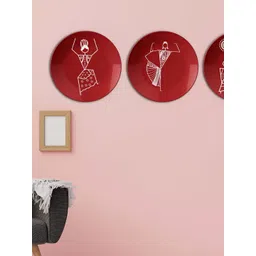 THE QUIRKY HOME 3Pc Red & White Figurative Abstract Printed Ceramic Decorative Wall Decor-picture-19