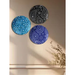 THE QUIRKY HOME 3Pcs Black & Blue Paisley Printed Ceramic Premium Decorative Wall Decors image 4