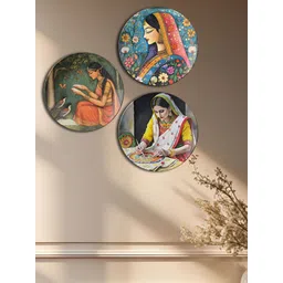 THE QUIRKY HOME 3Pcs White & Yellow Indian Women Theme Printed Ceramic Wall Decors-picture-27