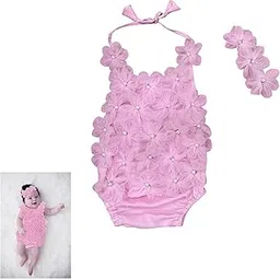 The Root And Craft Kids Birthday Photoshoot Outfit Dress Girls Floral Applique Romper with Hairband Born Baby Photography Photoshoot Props(0 to 6 Month) Pink-picture-12