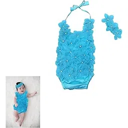 The Root and Craft Kids Birthday Photoshoot Outfit Dress Girls Floral Applique Romper with Hairband Born Baby Photography Photoshoot Props(0 to 6 Month) Turquoise-picture-10