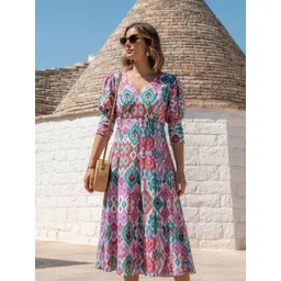 THE SAFFRON SAGA Women Ikat Printed Puff Sleeve Linen Fit & Flare Midi Dress-picture-30