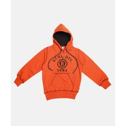 The Sandbox Clothing Co Cotton Knit Full Sleeves Typography Printed Light Winter Hooded Sweatshirt - Orange-picture-13