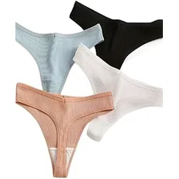 The Seventh Muse Cotton Thong Panties, 4-Pack, V-Line Cut, Black White Beige Blue-picture-31