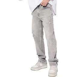 Denim: Granite Grey Men and Boys Buttoned Cotton Blend Straight Fit Jeans-image-32