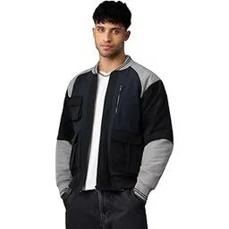 Midnight Edge: Men and Boys Full Sleeves Spread Collar Black and Grey Solid Polyester Regular Fit Lightweight Utility Pockets Bomber Jacket-image-26