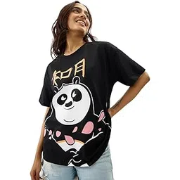 the souled store Official Kung Fu Panda: Wisdom Women and Girls Short Sleeve Round Neck Black Graphic Printed Cotton Oversized T-Shirts image 1