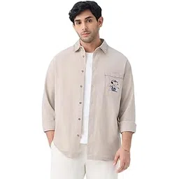 Peanuts: The Good Life Men and Boys Long Sleeve Spread Collar Beige Embroidered Casual Everyday Office Wear Regular Fit Holiday Ready Trendy Cotton Linen Shirt-image-23