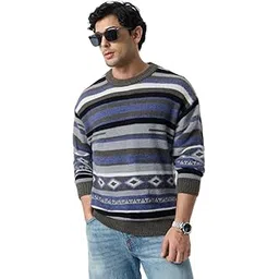 the souled store Aztec Stripe Men and Boys Full Sleeves Round Neck Grey Striped Acrylic Nylon Lightweight Drop Shoulder Streetwear Trendy Casual Oversized Pullover Sweater-picture-18