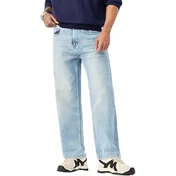 the souled store Baggy-Fit: Denim Haze Men and Boys Button Light Blue Washed Cotton Spandex Lightweight Comfortable Everyday Denim Baggy Fit Jeans-picture-13