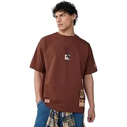 the souled store Baki Hanma: Badges Men and Boys Short Sleeves Round Neck Brown Embellished Cotton Oversized T-Shirts-picture-36