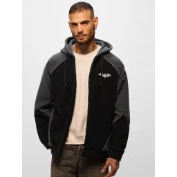 The Souled Store Black & Grey Loose Fit Embroidered Hooded Sweatshirt-picture-34