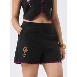 The Souled Store Black Cotton Linen Women Shorts-picture-31