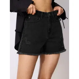 The Souled Store Black Cotton Regular Fit Denim Shorts-picture-33