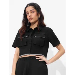 The Souled Store Black Onyx Solid Crop Shirt image 1