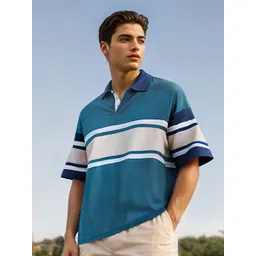 The Souled Store Blue & Beige Colourblocked Polo Collar Pure Cotton Casual T-shirt-picture-16