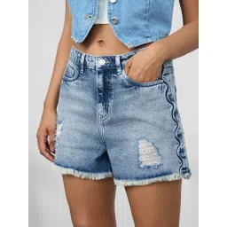 The Souled Store Blue Cotton Solid Denim Shorts-picture-34