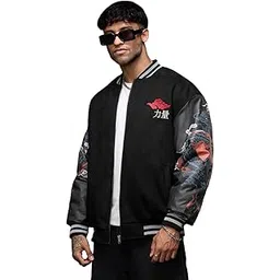 the souled store Bomber Jacket: Dragon Men and Boys Full Sleeves Spread Collar Black Graphic Printed Polyester Oversized Fit Lightweight Winter Bomber Jacket-picture-28