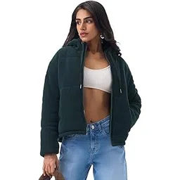 the souled store Bottle Green Women and Girls Long Sleeves Hooded Neck Dark Green Solid Textured Polyester Oversized Fit Lightweight Winter Puffer Jacket-picture-25