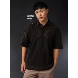 The Souled Store Brown Cotton Loose Fit Printed Polo T-Shirt-picture-33