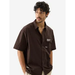 The Souled Store Brown Typography Printed Spread Collar Pure Cotton Oversized Casual Shirt-picture-14