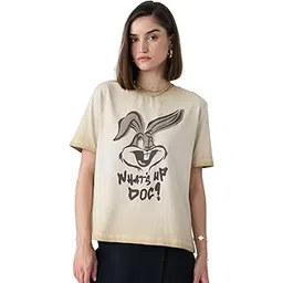 the souled store Bugs Bunny: What's Up Doc Women and Girls Short Sleeves Round Neck Beige Graphic Printed Cotton Relaxed Fit T-Shirts-picture-17
