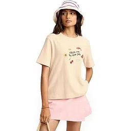 the souled store by The Sea Women and Girls Short Sleeeves Round Neck Off White Embroidered Cotton Relaxed Fit T-Shirts-picture-19