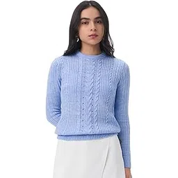the souled store Cable-Knit Sweater: Periwinkle Women and Girls Full Sleeves Round Neck Light Blue Knitted Acrylic Regular Fit Ribbed Casual Lightweight Pullover Sweater-picture-28