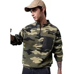 The Souled Store Camodrift Men and Boys Long Sleeves Mock Neck Olive Green Camouflage Print Polyester Drop Shoulder Streetwear Warm Polar Fleece Oversized Sweatshirt-picture-12