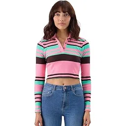 the souled store Carnation Rib-Knit Polo Women and Girls Long Sleeve Collared Neck Multicolor Striped Slim Fit Cotton Blend Cropped Polos-picture-20