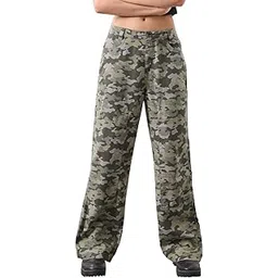 the souled store Carpenter Pants: Foxtrot Women and Girls Buttoned Green Camouflage Print Cotton Straight Fit Cargo Pants-picture-25