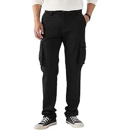 the souled store Classic Black Men and Boys Solid Regular Fit Cargo Pants Men's Cargo Pants Trousers for Men Multi-Pocket Work Outdoor Military Style Loose Fit Lightweight Quality Comfortable-picture-13