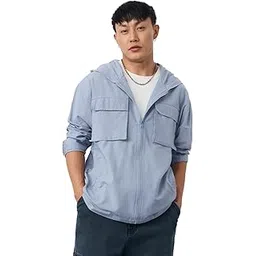 the souled store Cloudy Men and Boys Long Sleeves Hooded Neck Light Blue Solid Lightweight Utility Pockets Zipper Cotton Linen Oversized Hoodie-picture-43