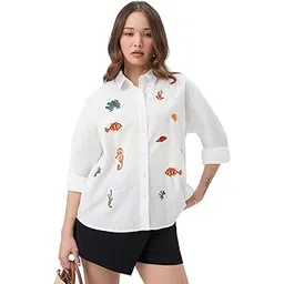 the souled store Cotton Linen Shirt: Sea-Life Women and Girls Full Sleeves Spread Collar Button Front White Embroidered Oversized Fit Lightweight Summer Casual Streetwear Boyfriend Shirt-picture-17