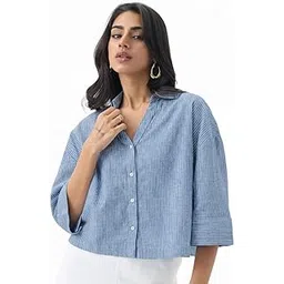 the souled store Cotton Linen Shirt: Women and Girls Drop-Shoulder Sleeves Spread Collar Stripes Lightweight Casual Oversized Shirt-picture-39