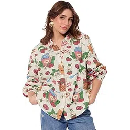 the souled store Cotton Linen: Strawberry Women and Girls Long Sleeves Collared Neck Button Front Off White All Over Printed Relaxed Fit Cotton Linen Shirts-picture-42